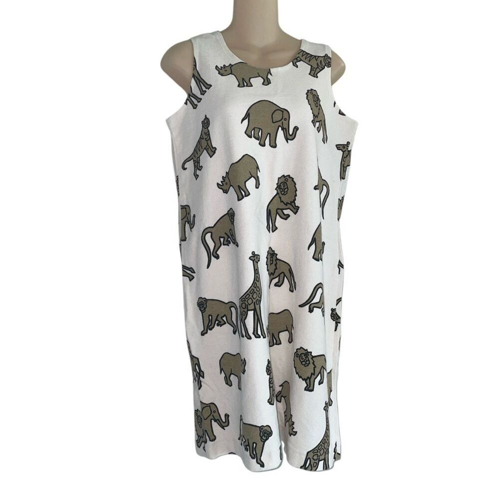 Vintage Michigan Rag Co. MRC Safari Animals Sleeveless Dress Cream Size Medium